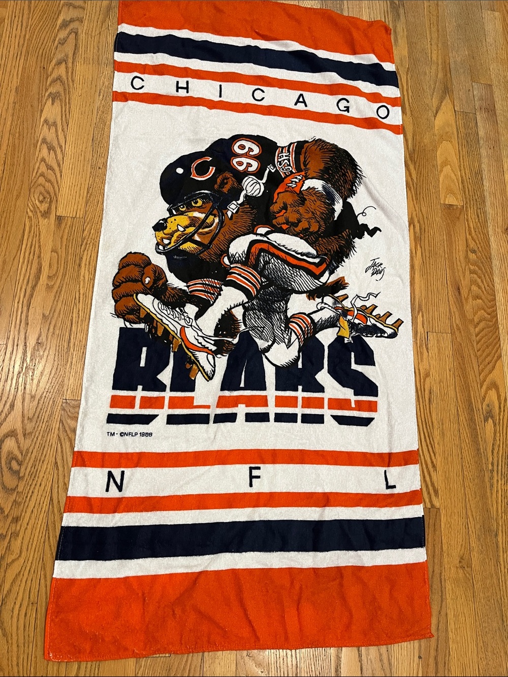 Vtg 1988 CHICAGO BEARS Football NFL Cotton Beach Towel Jack Davis 80s Art